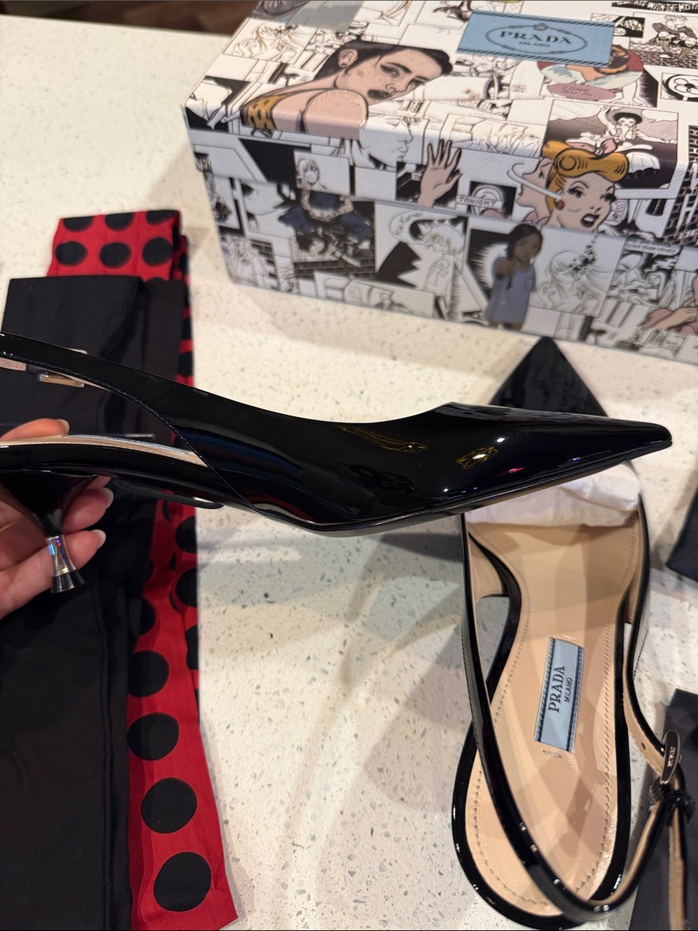 Prada Black Patent Leather Pointed Toe Slingbacks